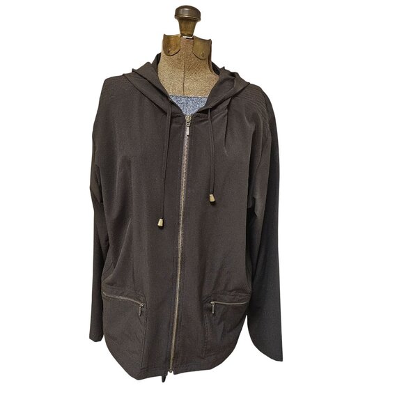 Chicos Zenergy Jacket Women Size 3 Brown Hooded Full Zip Pockets Polyester Blend - Picture 1 of 10